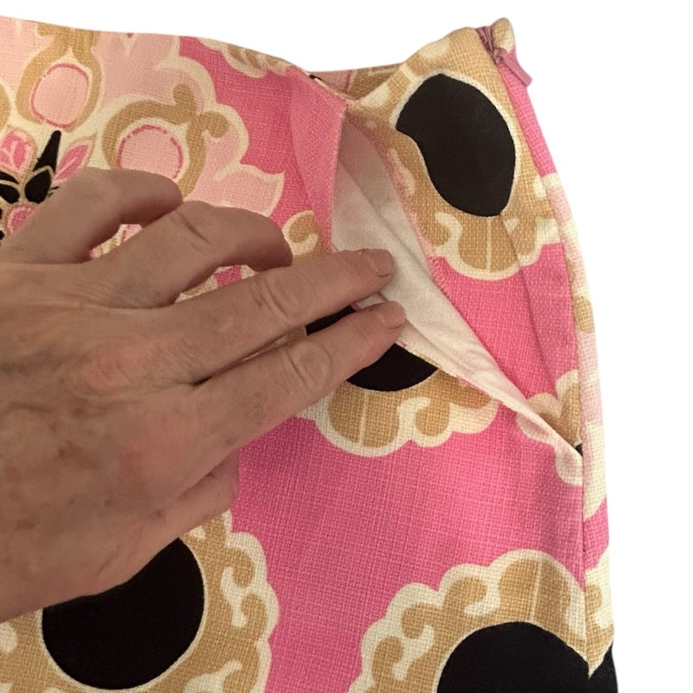 LILLY PULITZER Skirt Sz 6 Pink Tan Black Medallion Print Lined Linen Side Zip - Picture 7 of 13